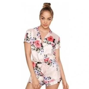 Victoria’s Secret Satin Floral Pink Striped Pajama Romper Shorts Size M
